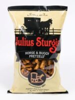 Brown & Black bag of pretzels with text that reads Julius Sturgis Horse & Buggy Pretzels