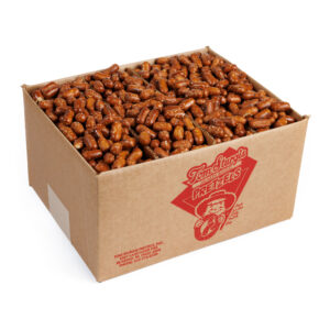 Open cardboard box containing small pretzel nuggets. The side of the box has red printed text and a logo.